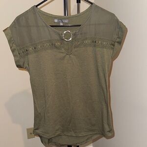 Daisy Fuentes Sage Green Short Sleeve Top with Silver Ring & Mesh Detail
